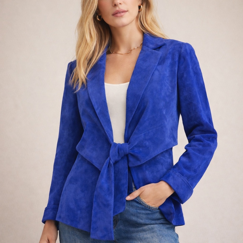 Finley NWT Blue Suede Leather Jacket Blazer Tie Front | Size 8